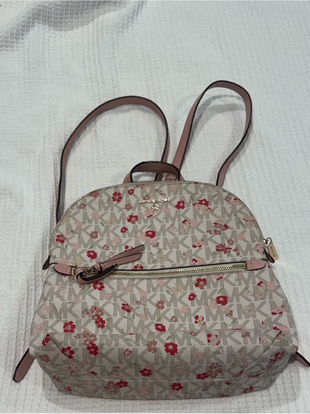 Michael Kors Beige Logo Backpack with Pink Floral Accents
